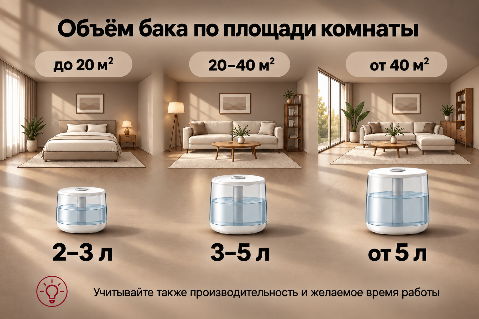 объем бака увлажнителя по площади комнаты